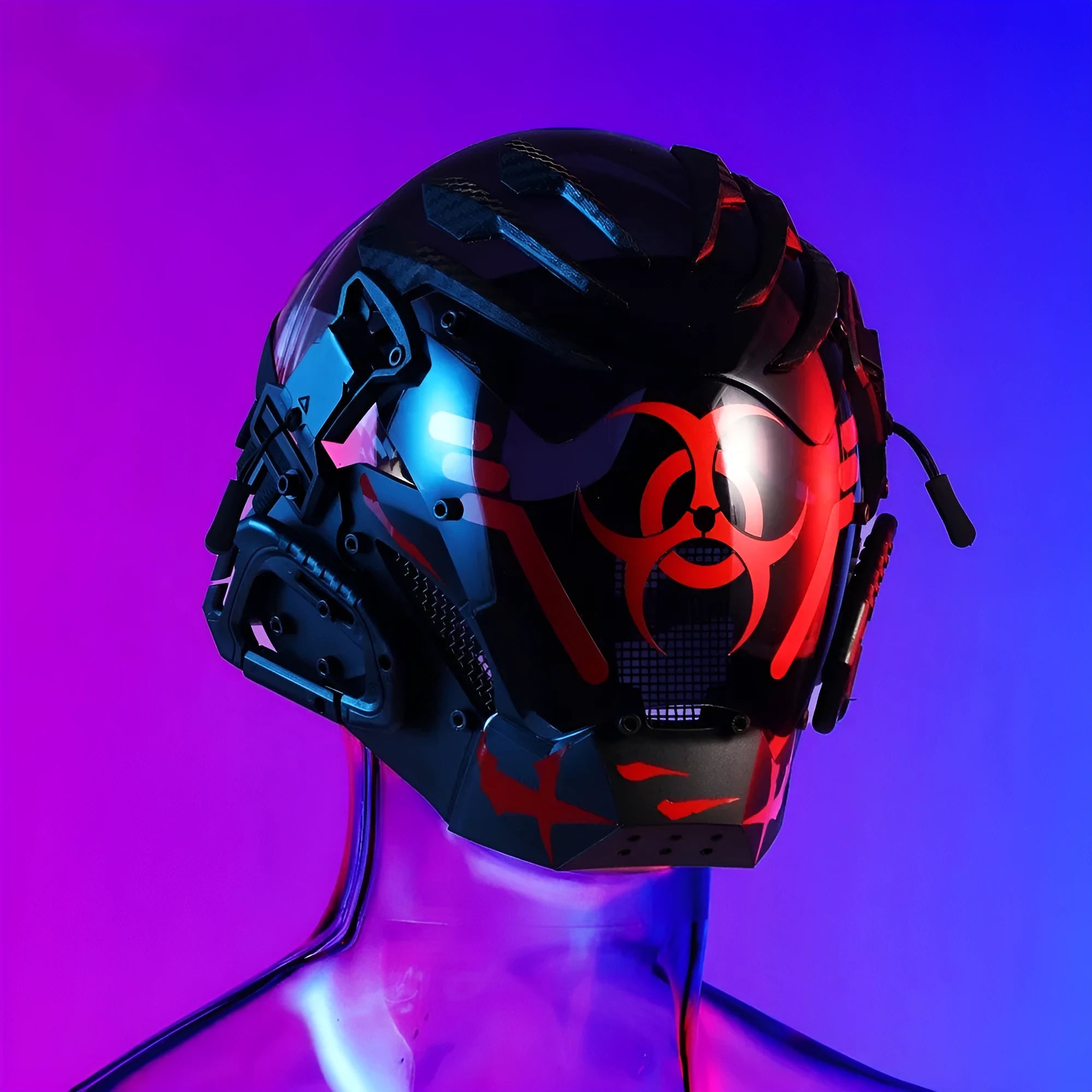 Black cyborg-style full face prop mask helmet with bioweapon design on a white background.