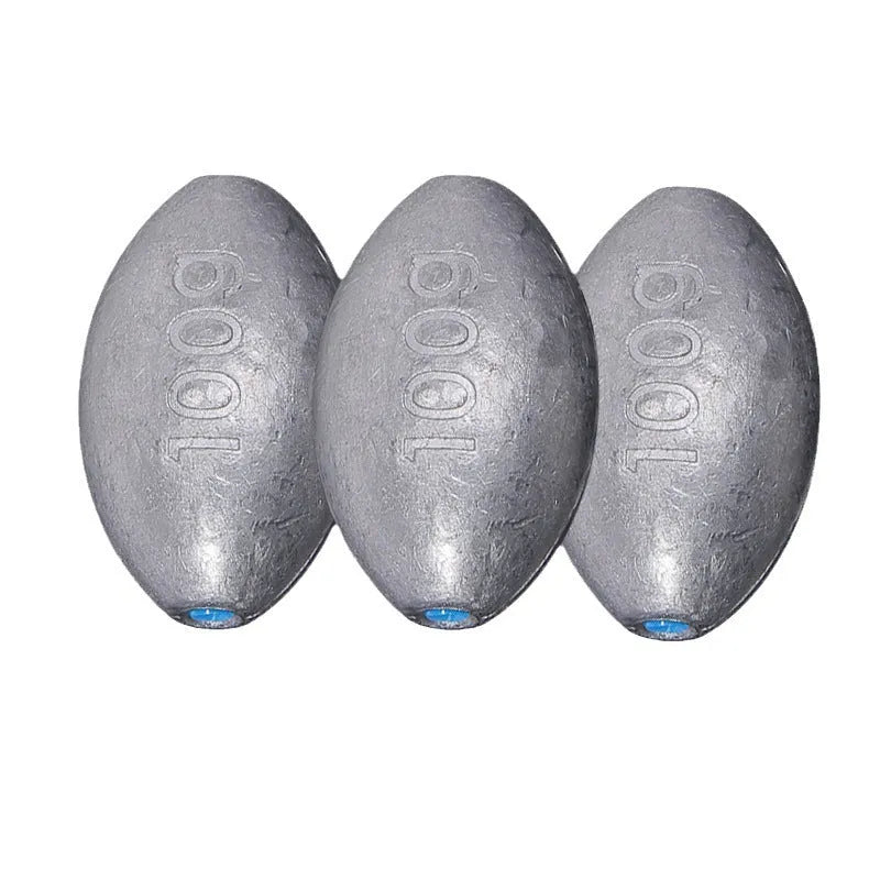 Tongxin rugby-shaped olive fishing pendant sinker with scale and plastic core in various weights.