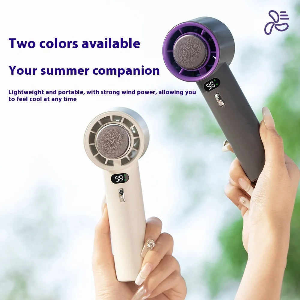 Portable handheld turbo fan with semiconductor refrigeration, 3000mAh battery, adjustable wind speeds, 58x60.5x170mm, white colour option