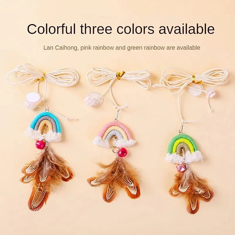 Feather cat rope toy with elastic door swing and sticky buckle clamp in blue, green, or pink colours