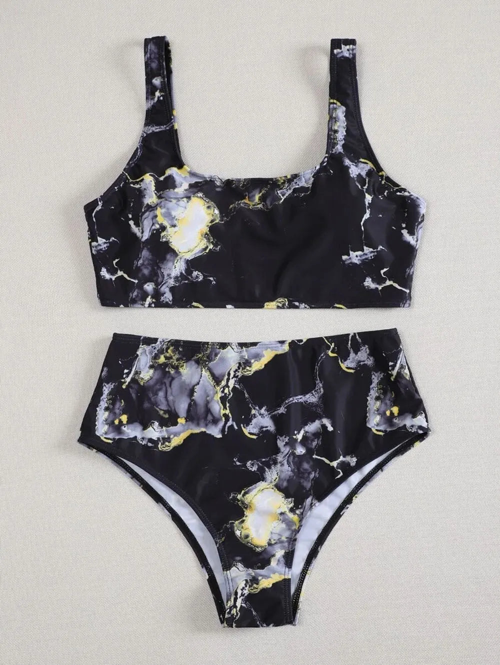 Women's marble tie-dye high waist bikini set with U-neck top for swimming