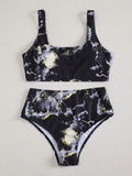 Women's marble tie-dye high waist bikini set with U-neck top for swimming