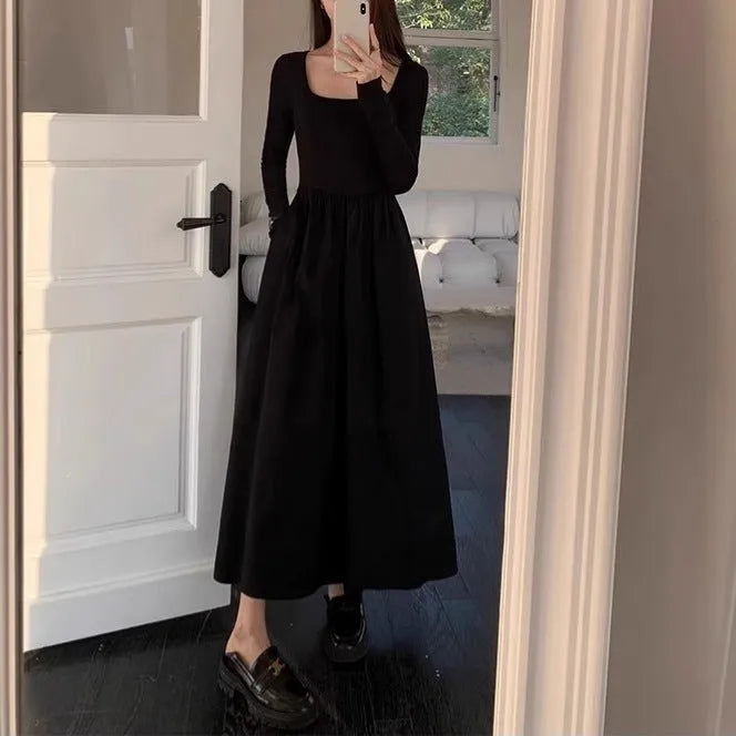 Women's square collar knitted dress with elastic waist and a-line long skirt in grey colour