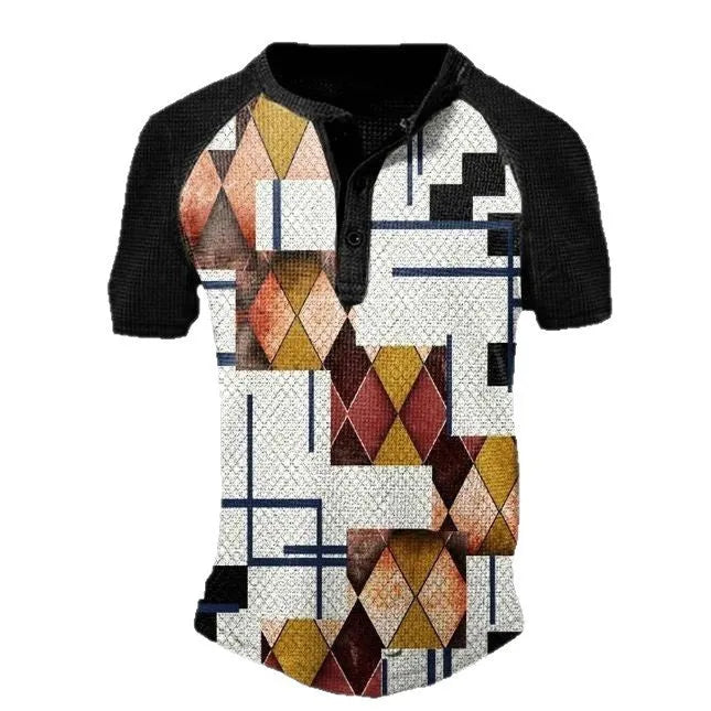 Men's short sleeve sports T-shirt with lapel button detail in bird eye cloth polyester.
