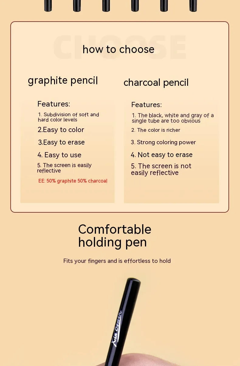 Set of six wood-free graphite sketching pencils with HB, 2B, 4B, 6B, 8B, and EE hardness grades