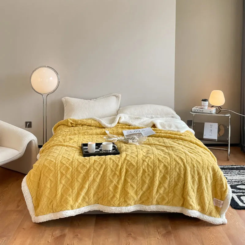 Polyester thermal flannel blanket in tea green colour, shown on a bed, size 180x200cm.