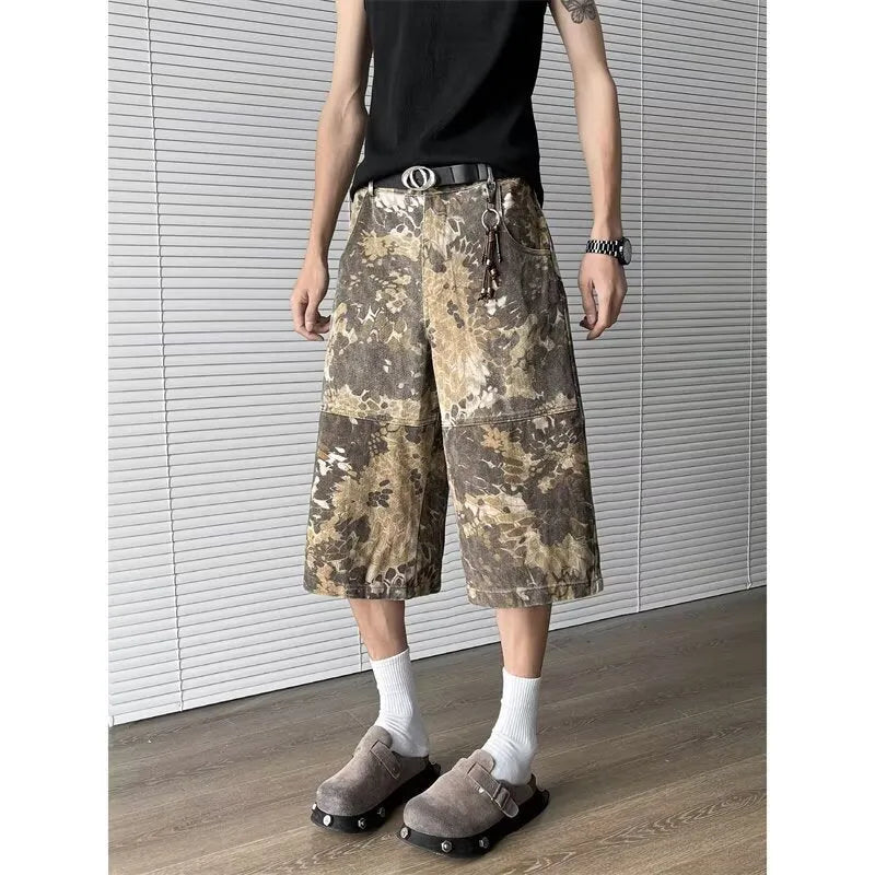 Women's yellow camouflage jeans with snake pattern tooling and cropped leg design