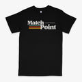 Black men's t-shirt with a 3D digital printed text pattern, round neck, and short sleeves.