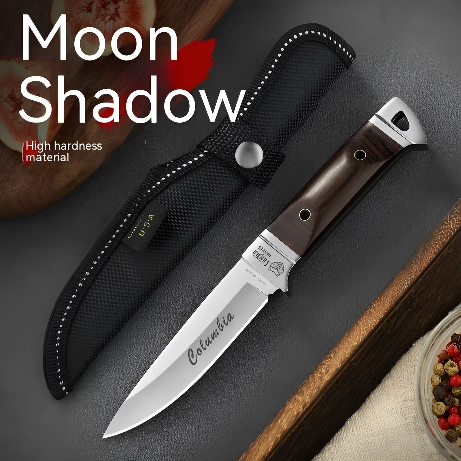 Stainless steel camping fruit knife with brown leather protective case