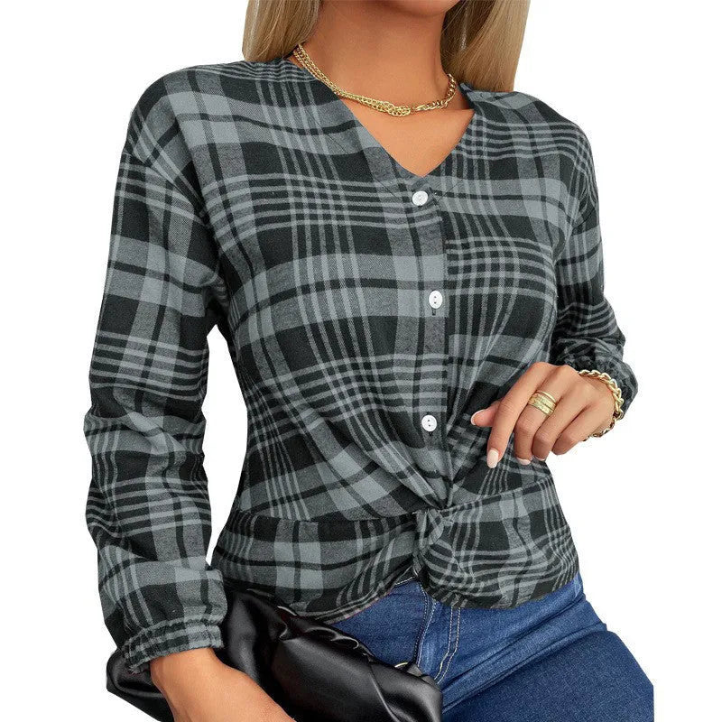 Women's purple plaid shirt with loose fit and regular sleeves