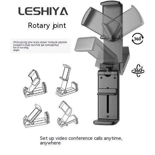 Foldable rotating phone holder in black with mobile phone attached showing adjustable angle mechanism