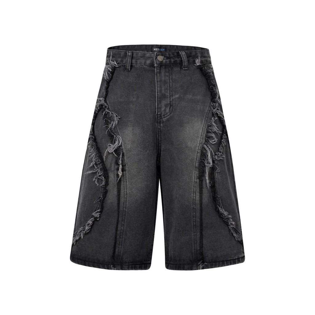 Men's distressed raw edge denim shorts in straight leg cropped fit, shown in dark blue.