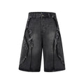 Men's distressed raw edge denim shorts in straight leg cropped fit, shown in dark blue.