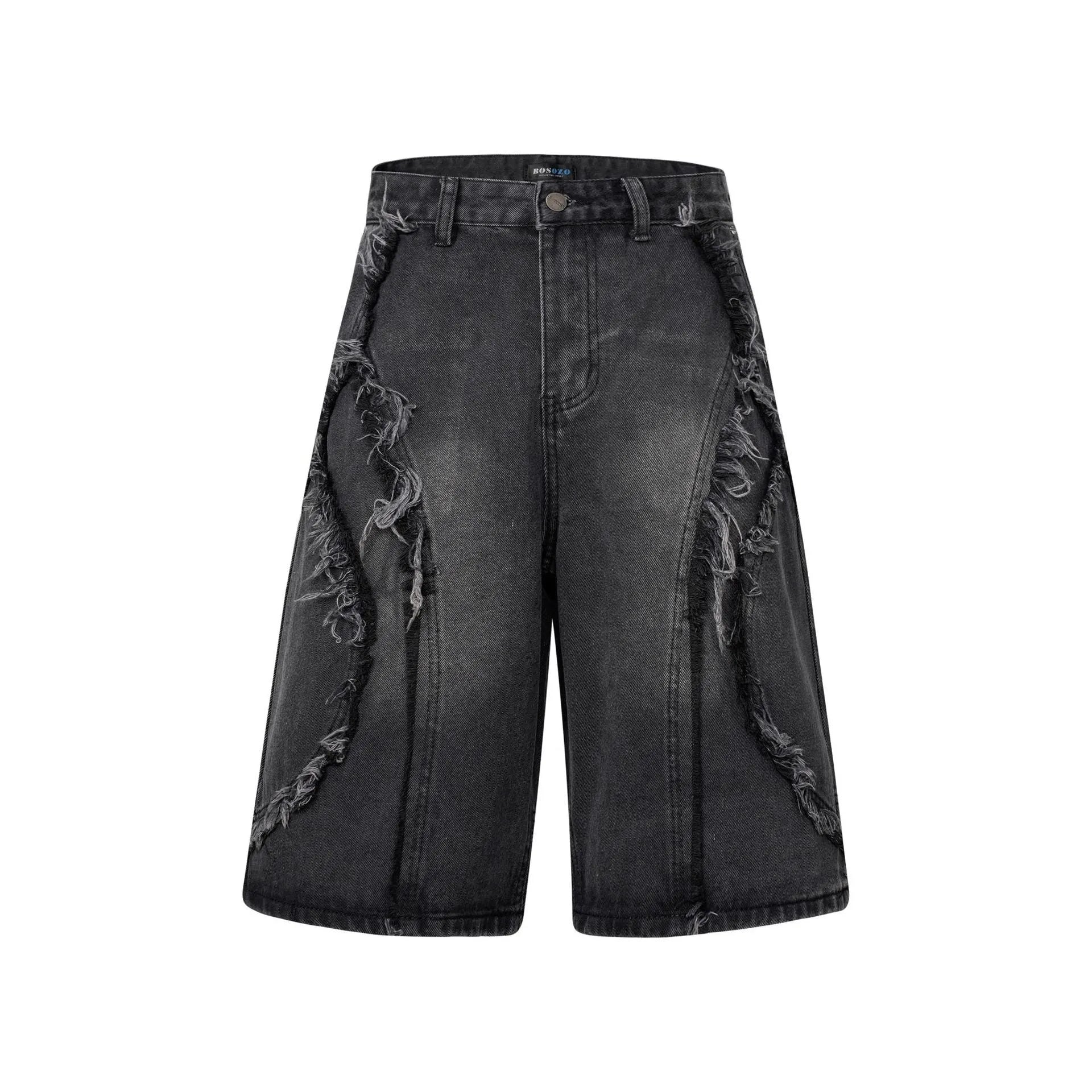 Men's distressed raw edge denim shorts in straight leg cropped fit, shown in dark blue.