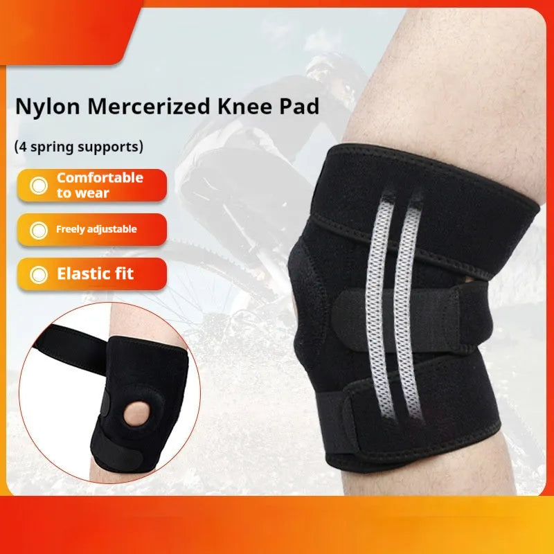 Spring support sports knee pad in nylon mercerised cloth for running, basketball, and cycling, with adjustable spring option