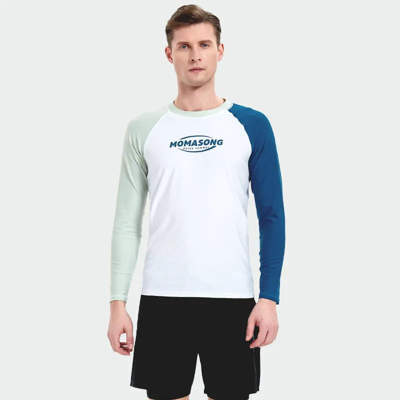 Men's white long-sleeve swim top with matching blue swimming trunks set for water sports