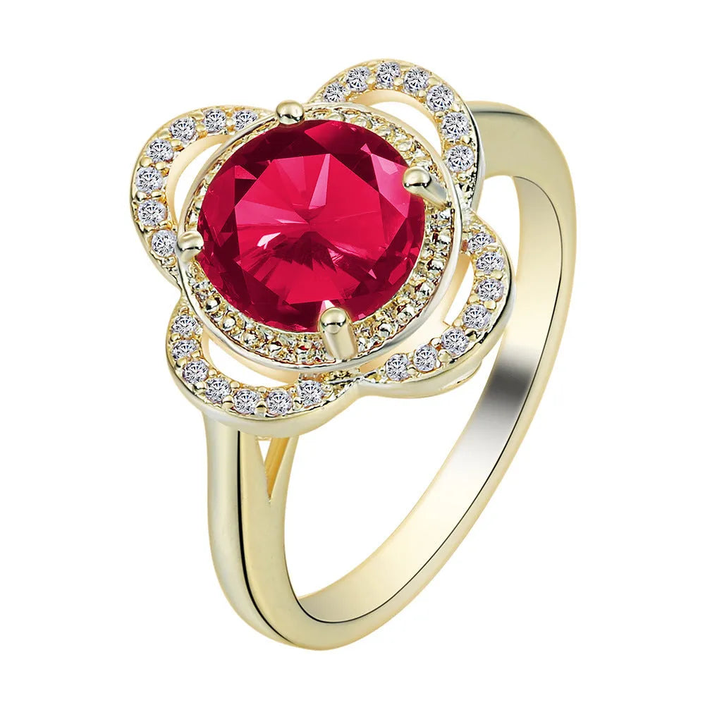 Copper ring with fruit-shaped zircon design in electroplated finish showing sizes 7, 8, 9 options