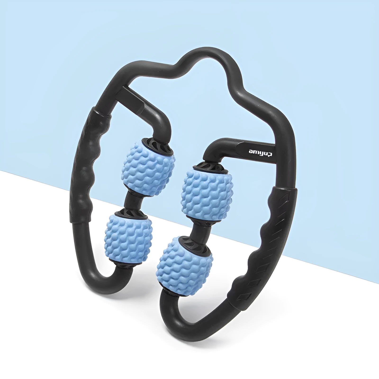 Blue muscle relaxer with four independent rollers, ergonomic handle, soft PP+EVA material, 27x25mm