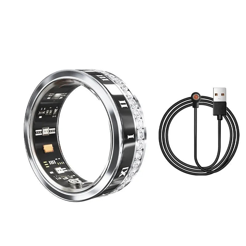 Gold and silver diamond inlaid smart ring for health tracking on a finger.
