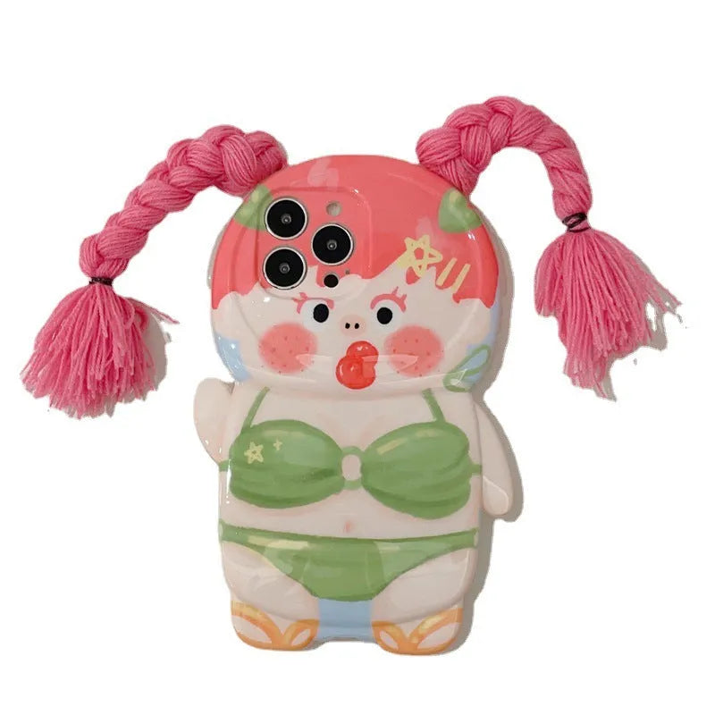 Pink and green silicone iPhone case with cartoon braid swimsuit girl summer design