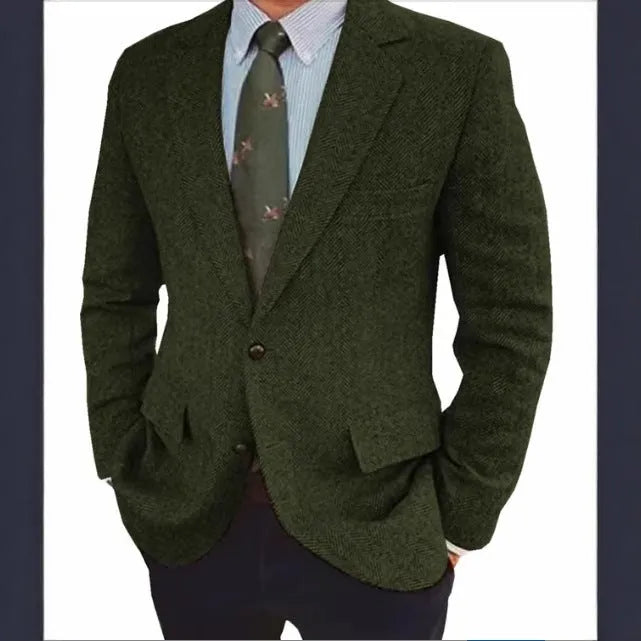 Men's brown herringbone pattern retro suit jacket with long sleeves on a hanger.