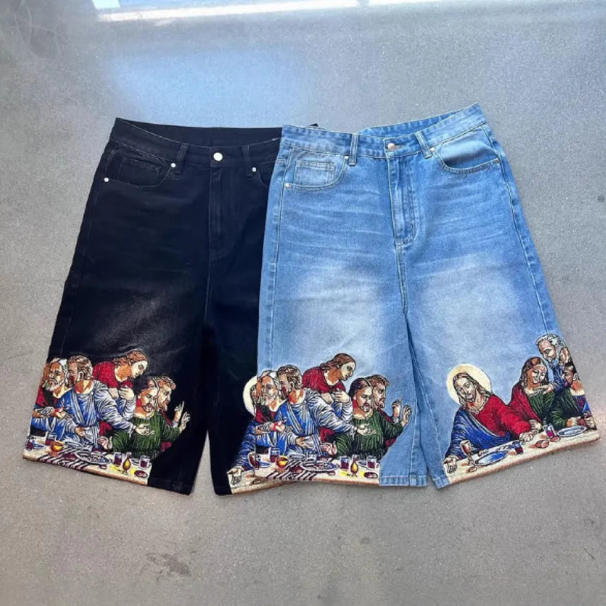 Men's tapered cotton shorts with Jesus print on back pocket in blue or black colours