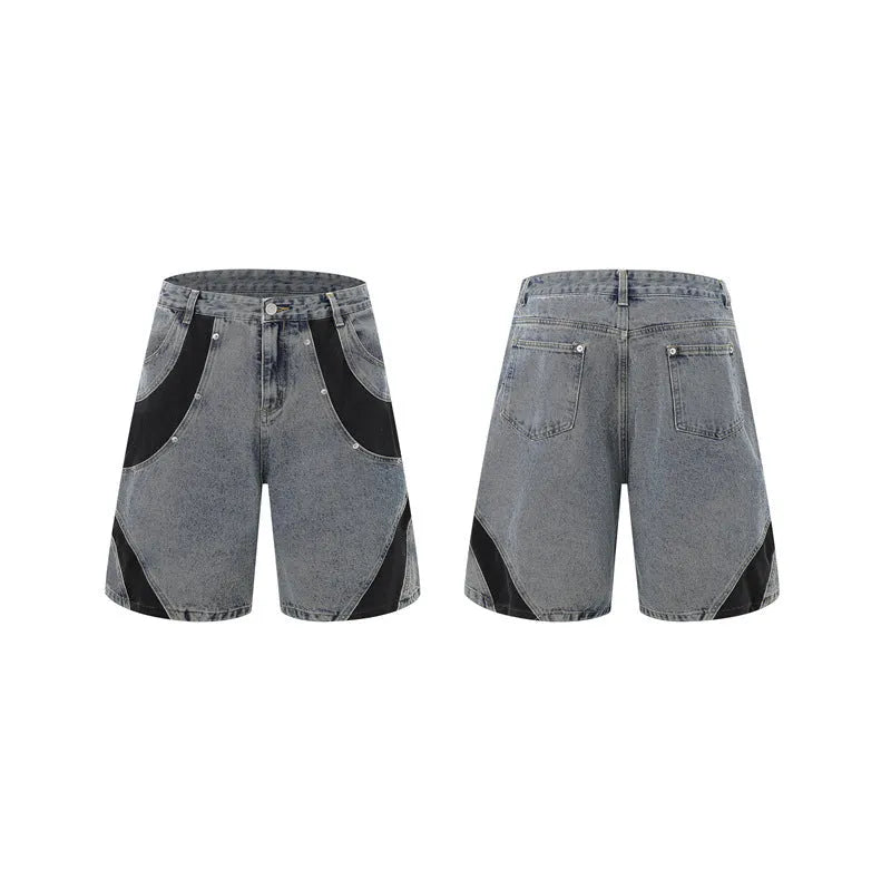 Retro washed denim suit set with short-sleeved jacket and trousers in street style