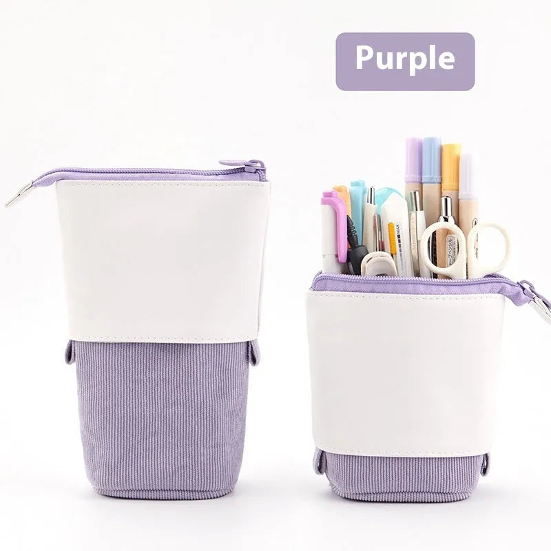 PU corduroy stationery case with drop-down telescopic opening in Korean style design