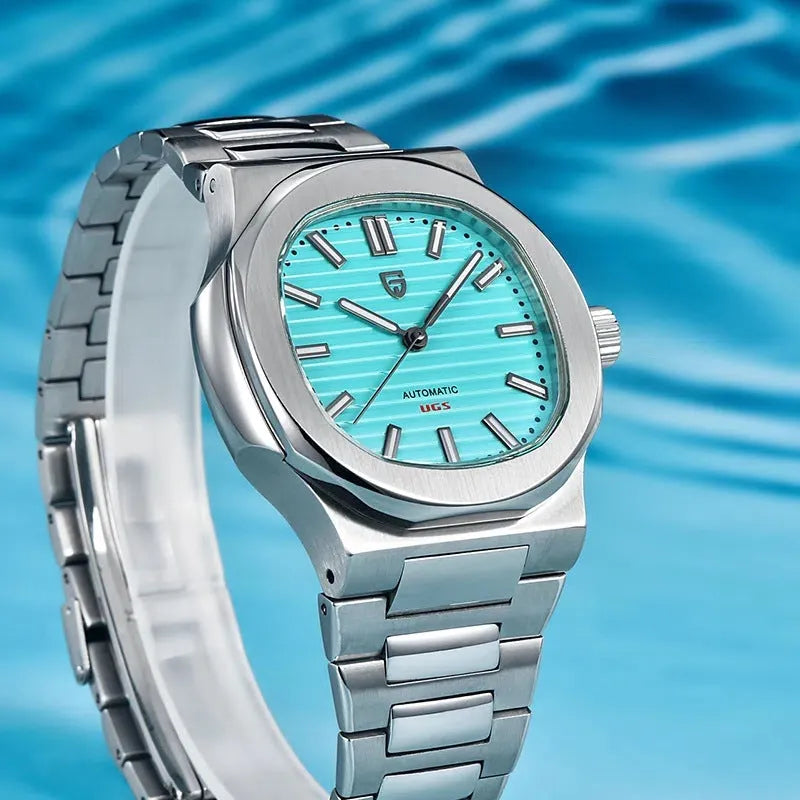 Men's stainless steel automatic waterproof barrel-shaped wristwatch, 14mm thickness, business style, blue dial and rose gold case
