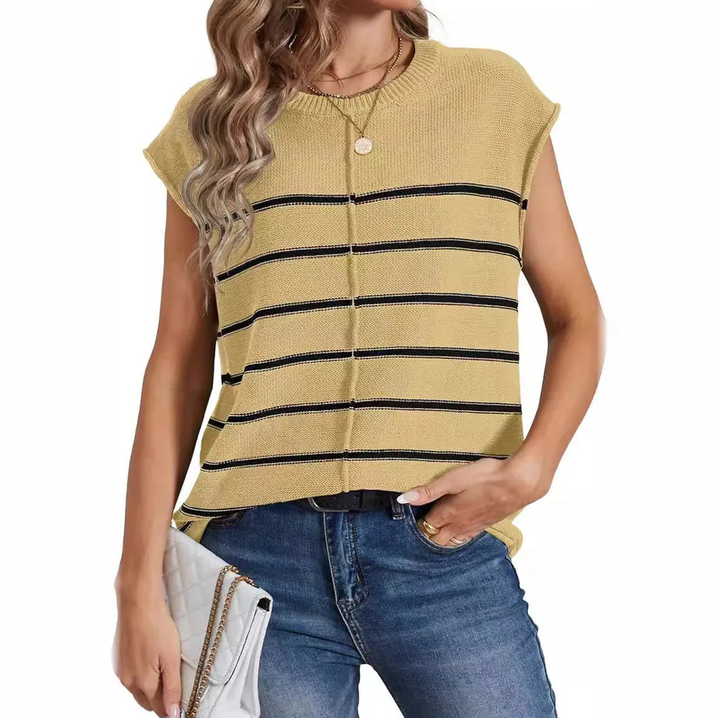 Women's striped sleeveless pullover top with bone stitching seam detailing in multiple colour options