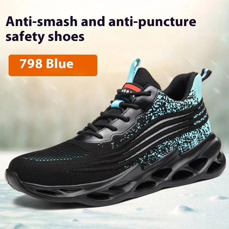 Lightweight brown leather safety work shoes with anti-smash and puncture-resistant sole.