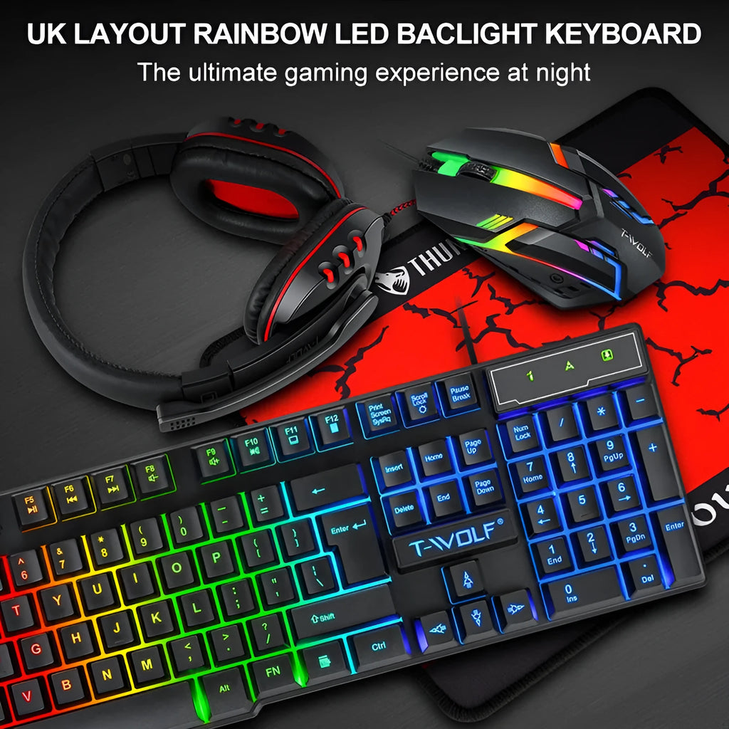 Thunder Wolf gaming keyboard and mouse set with headset and mouse pad on desk