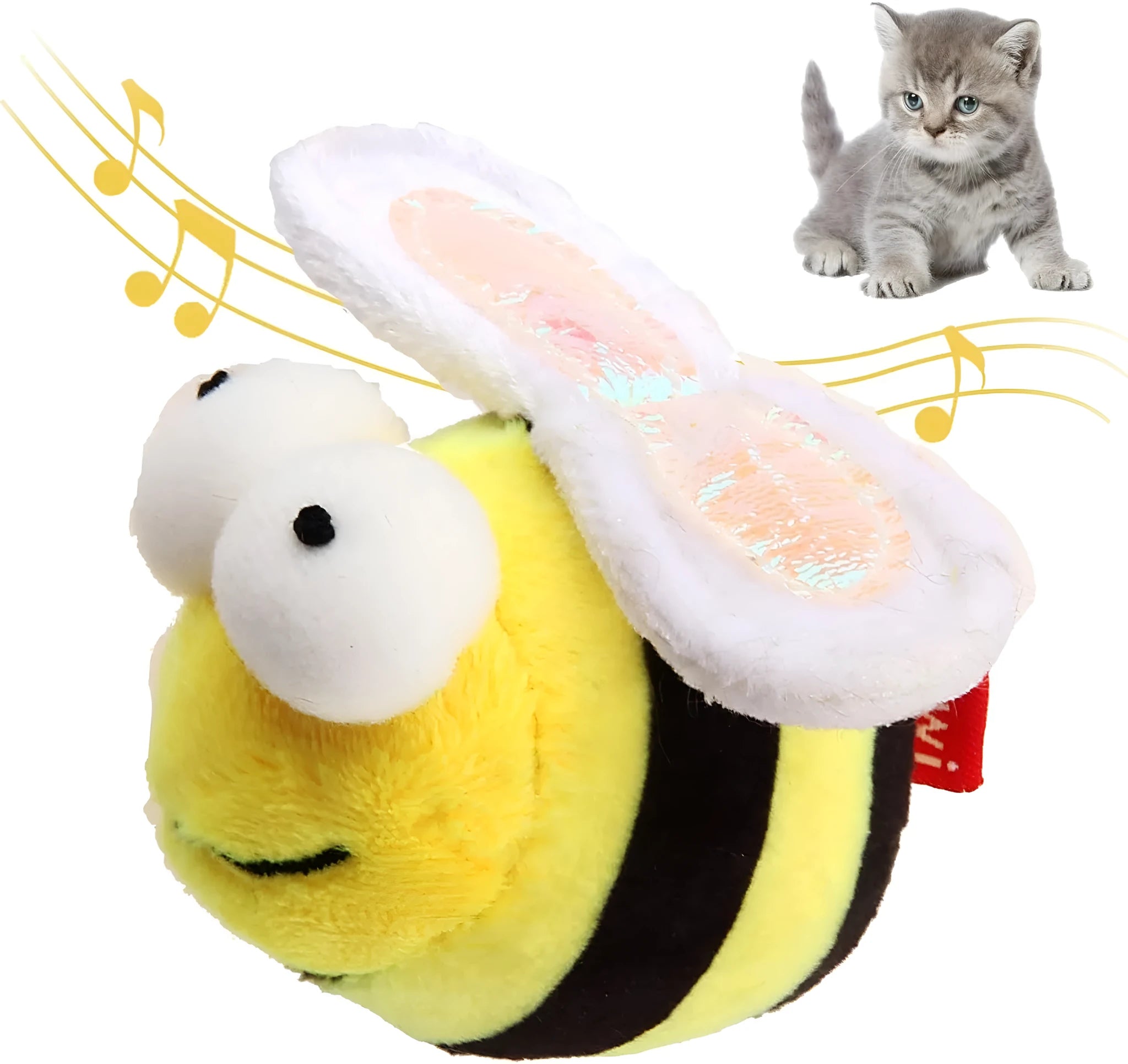 Yellow bee-shaped electronic cat toy with motion-activated squeaking sounds