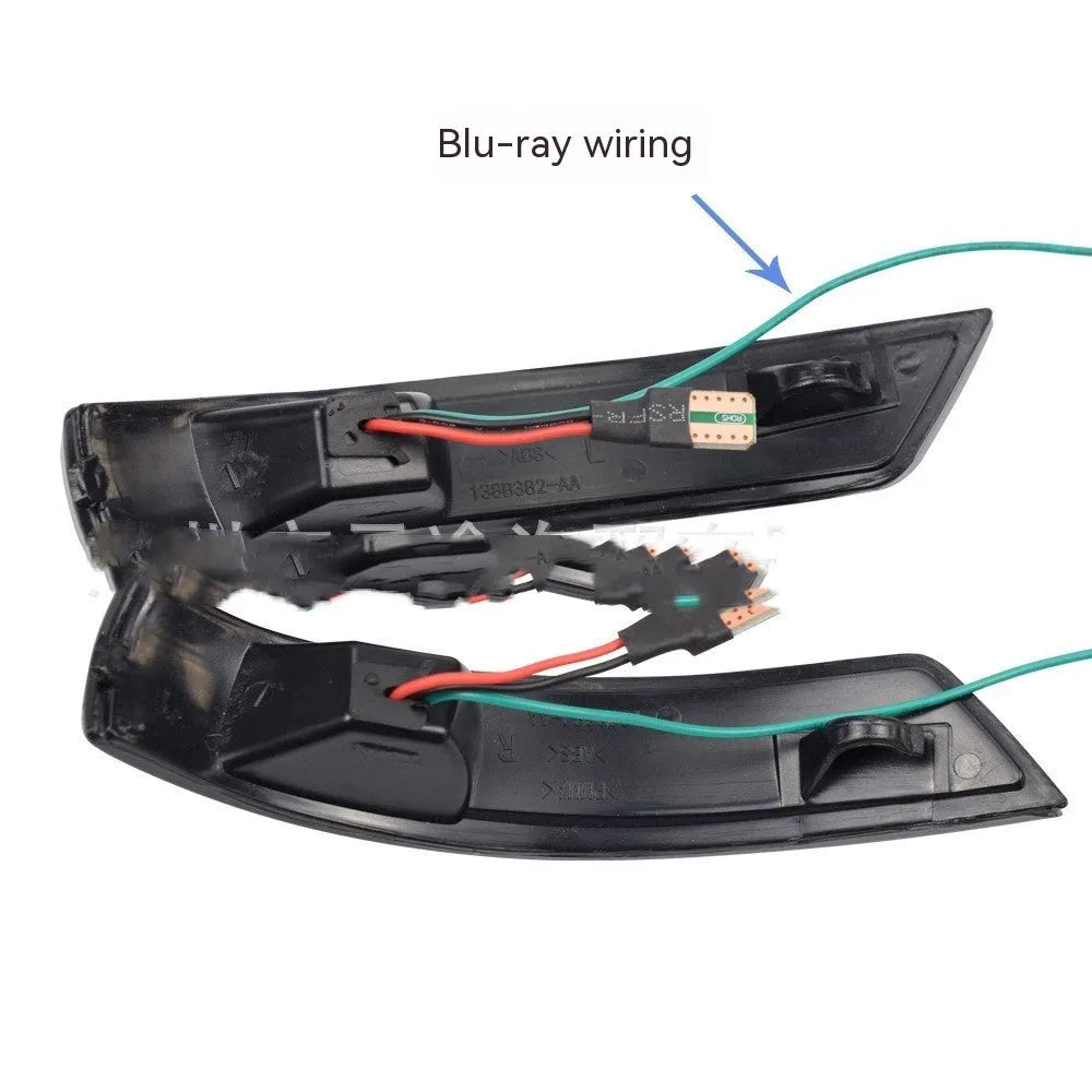 Pair of ABS plastic rearview mirror waterfall lights for Ford Focus and Mondeo, showing yellow and blue/yellow LED options.