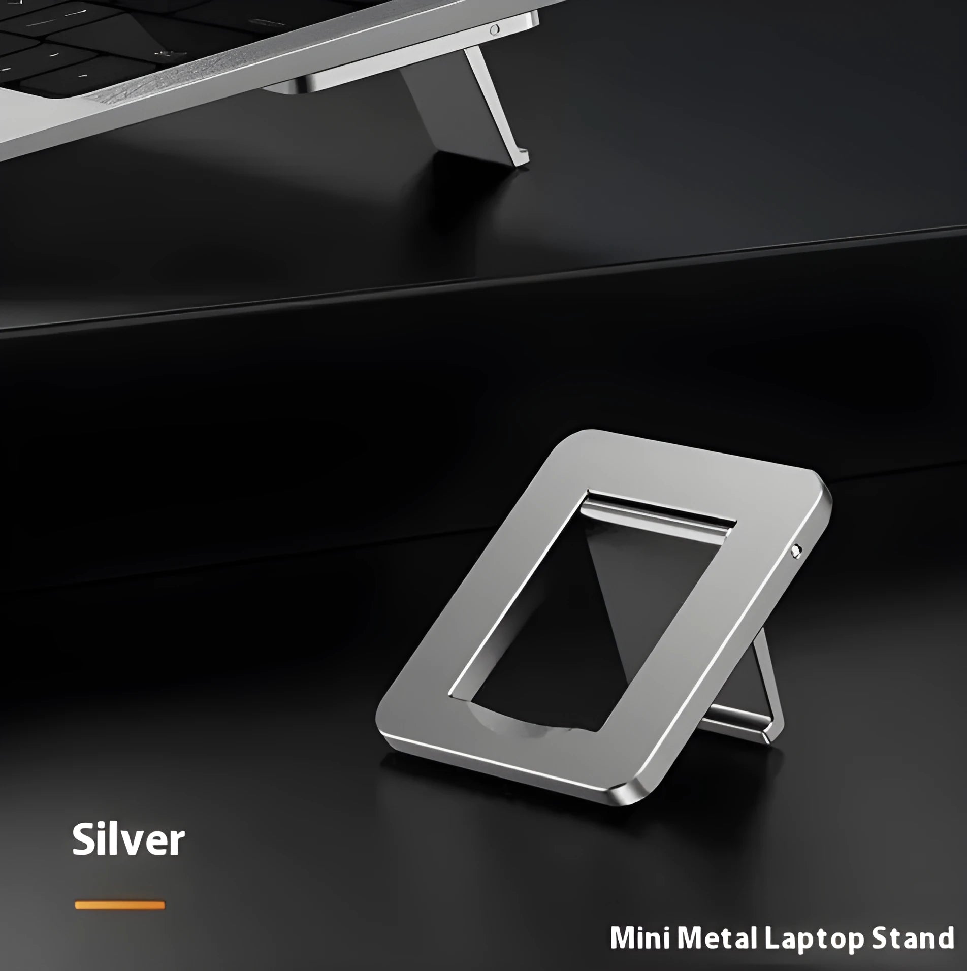 Silver aluminium folding laptop bracket showing compact 4.8cm x 3.5cm dimensions with adhesive backing