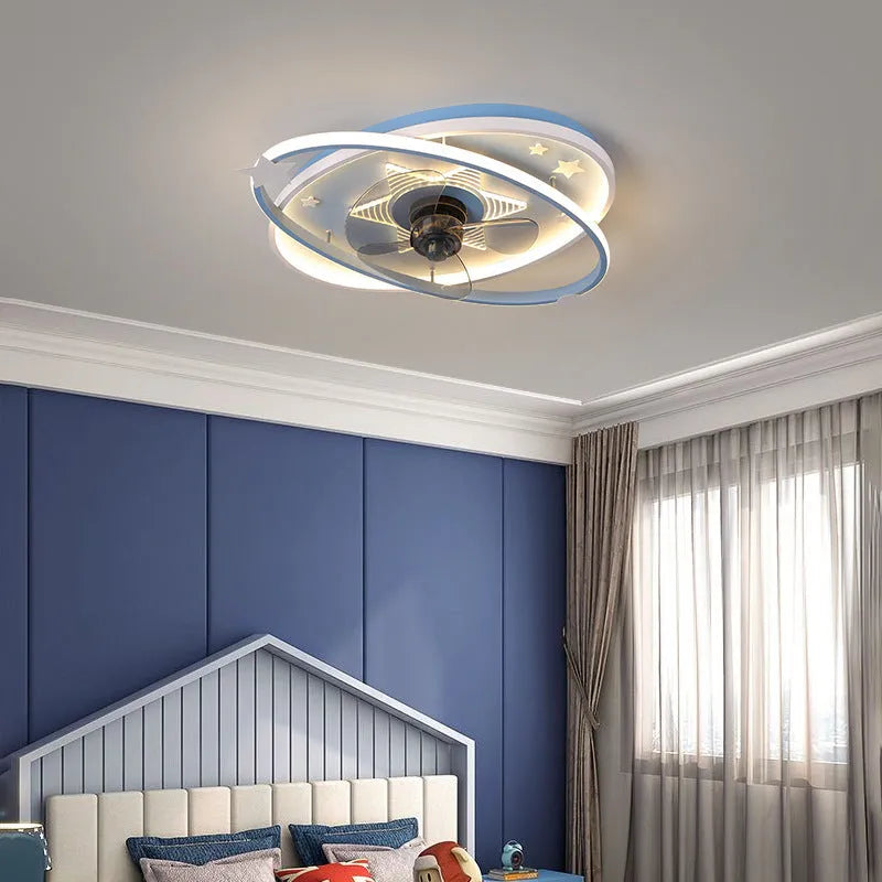 Modern blue iron chandelier with acrylic shade for a child's bedroom, showing remote control.