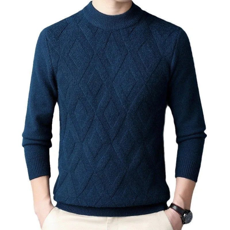 Men's thicken thermal wool diamond jacquard pullover sweater in plus size, shown in light camel colour.