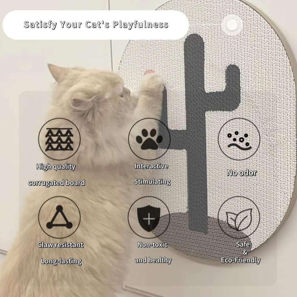 Wall-mounted rectangular cardboard cat scratch pad with catnip on a home wall