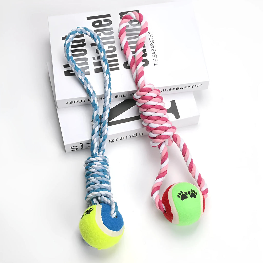 38cm long red and white twisted cotton rope dog toy for tugging with a large breed dog.