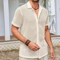 Men's lapel collar short sleeve shirt in cotton blend fabric shown in neutral colours