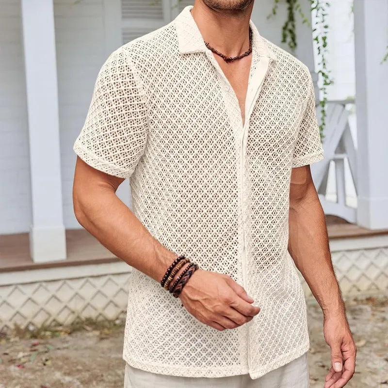 Men's lapel collar short sleeve shirt in cotton blend fabric shown in neutral colours