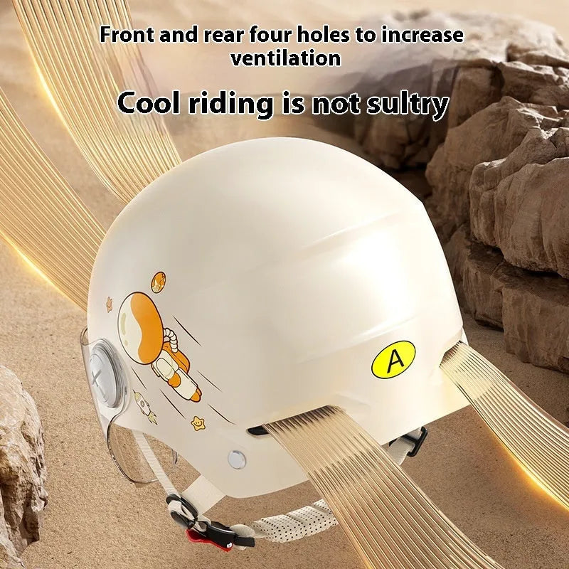 Khaki coloured electric motorcycle half helmet with interchangeable glasses options for commuting