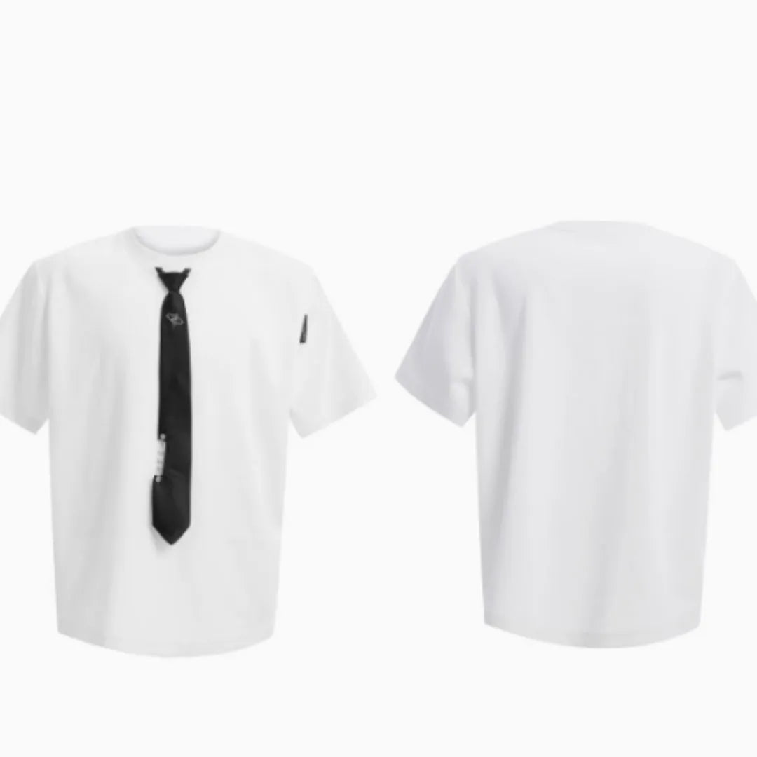 Niche tie stitching short sleeve solid colour top in black with metal decorations, loose fit summer style