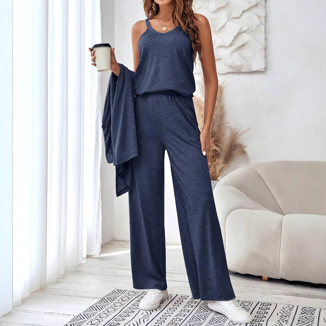 Blue women's casual suit set with polyester trousers, matching long-sleeved top and black suspenders