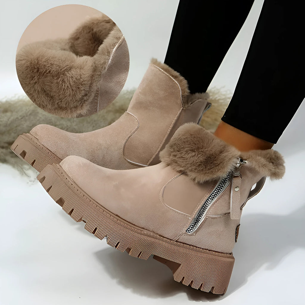 Women's black high-top snow boots with side zipper, plush lining, and non-slip rubber sole