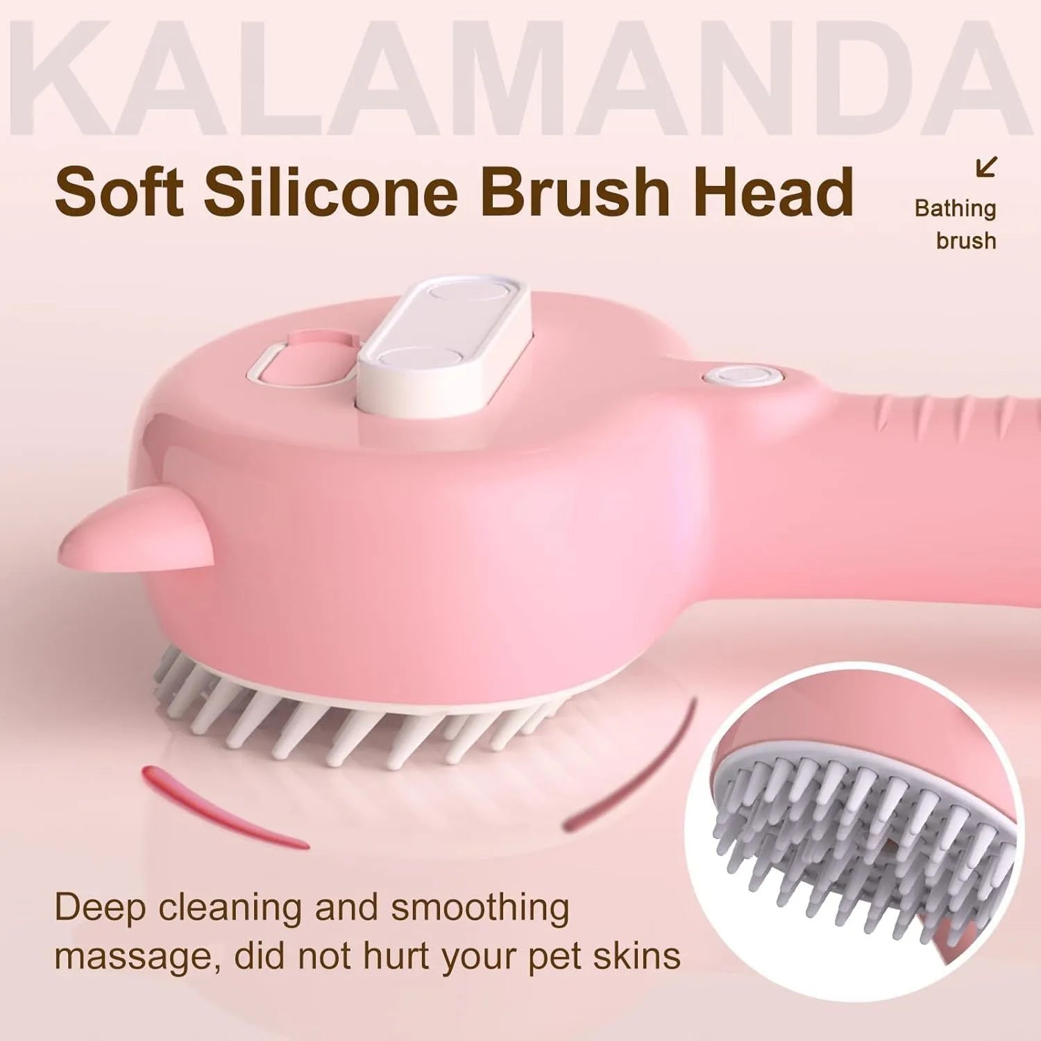 Blue cat ear-shaped steam brush with rubber bristles and release button for pet grooming