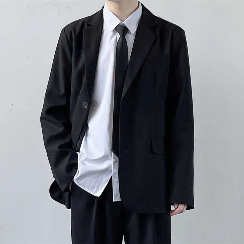 Men's plus size loose fit polyester suit jacket set with white shirt and tie for spring autumn formal wear