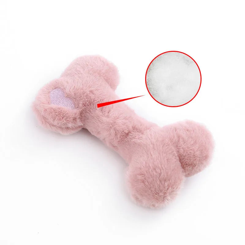 Blue plush bone-shaped dog toy with a squeaker for chew-resistant interactive play.