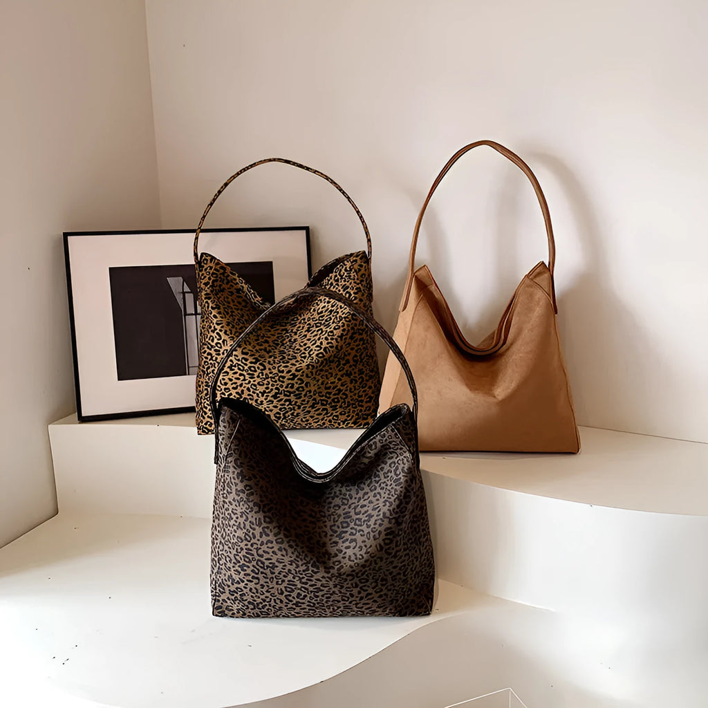 Women's leopard print large capacity tote bag in brown and leopard coffee, PU material, horizontal square shape, shoulder bag style