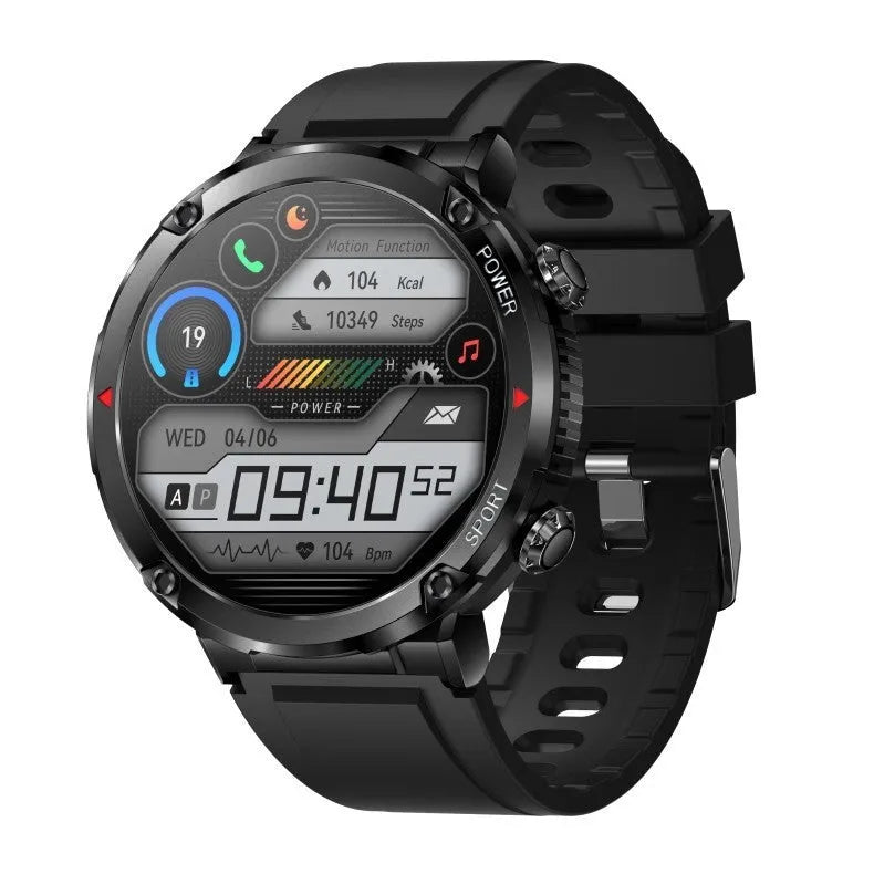 T30 Smart Watch in black on wrist showing touch screen with health metrics.